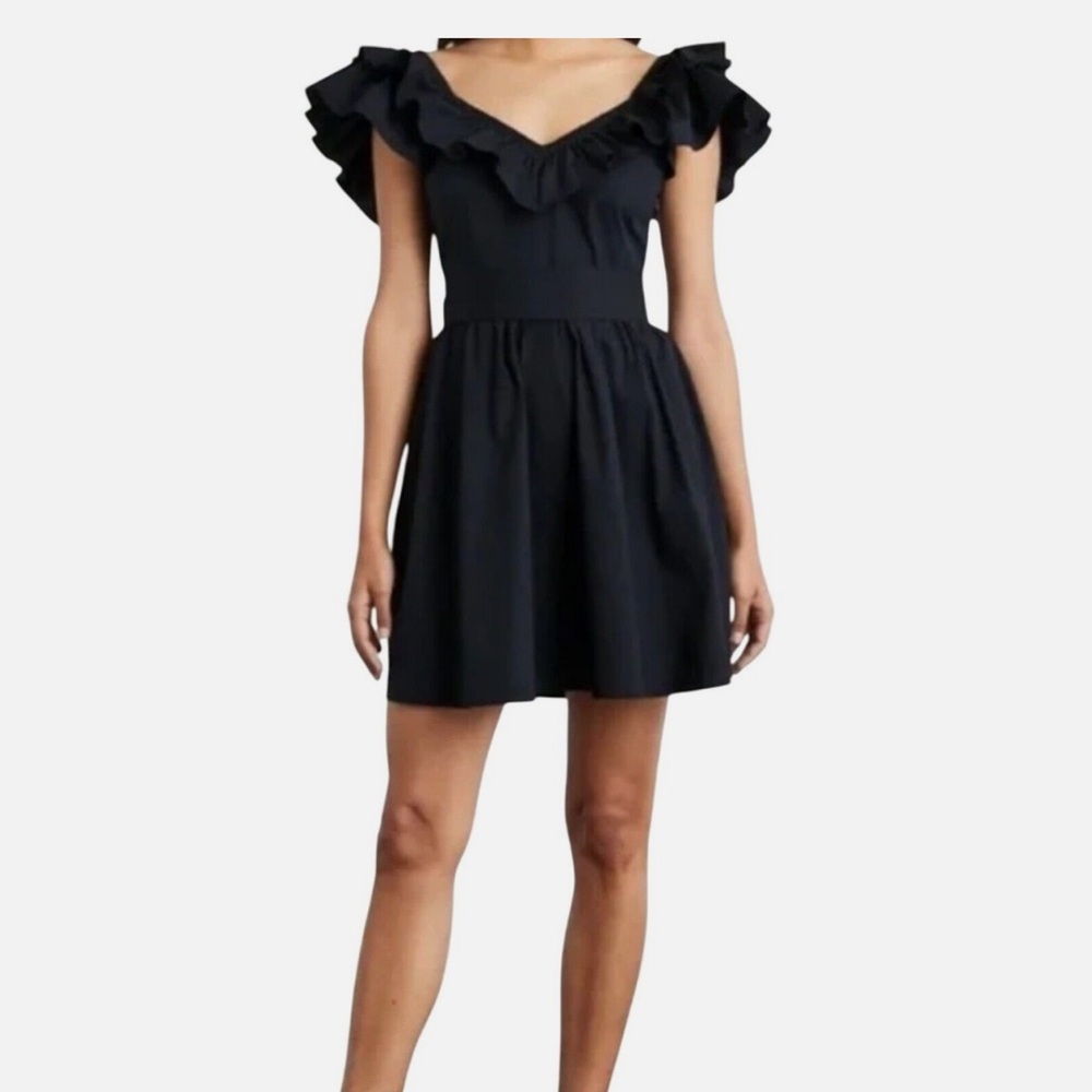 NWT Hill House Cotton Poplin The Ana Dress Black Size Small Smocked Ruffle